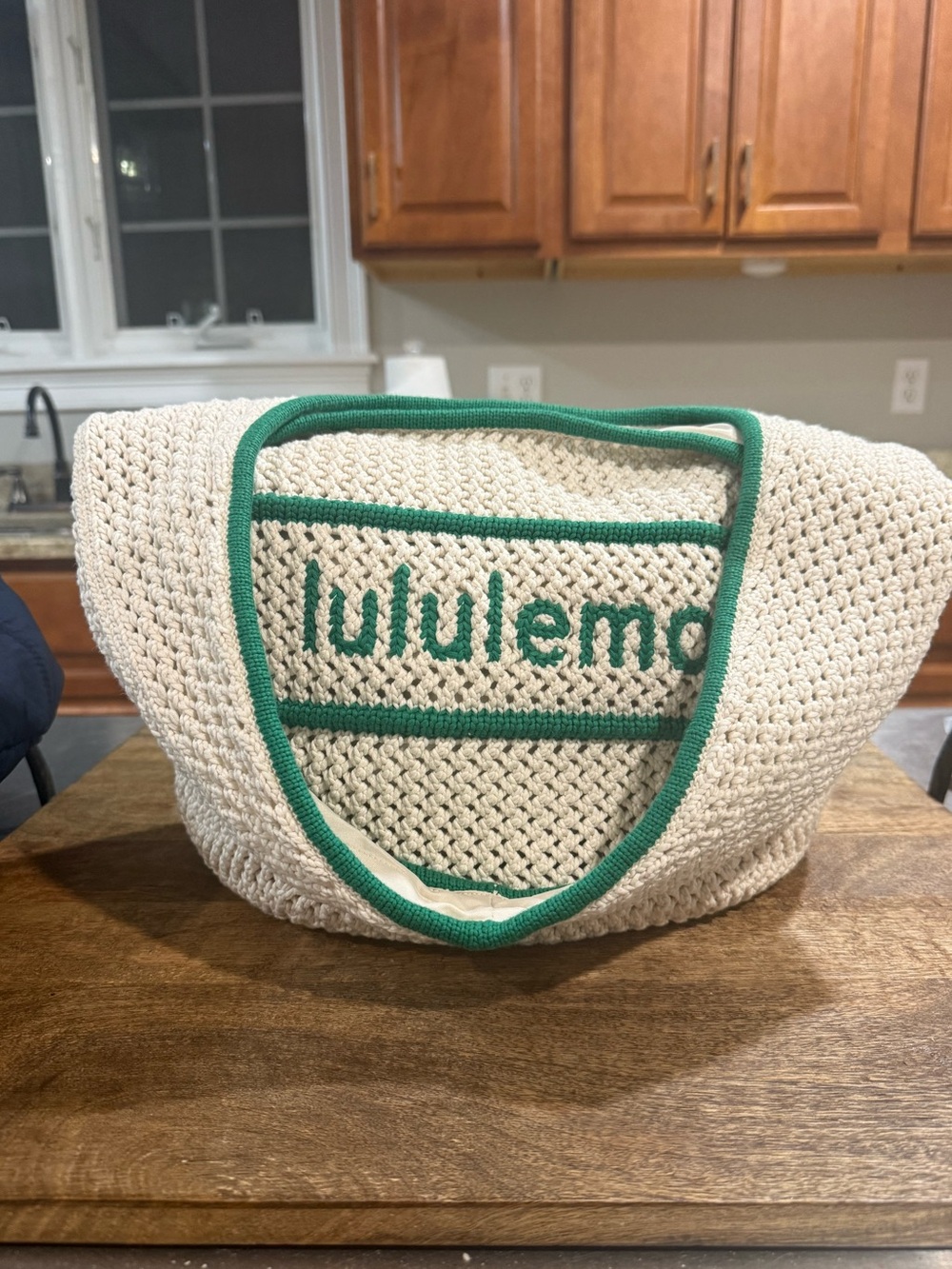 lululemon athletica Cream Knit Shoulder Bag with Green Trim and Logo